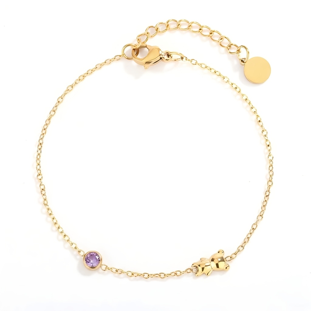Women's French-Style Bear Charm Bracelet with Black Stone Pendant